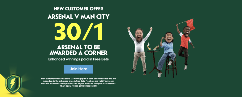 Paddy Power Enhanced Welcome Offer - Get 30/1 oO Arsenal To Be Awarded A Corner vs Man City